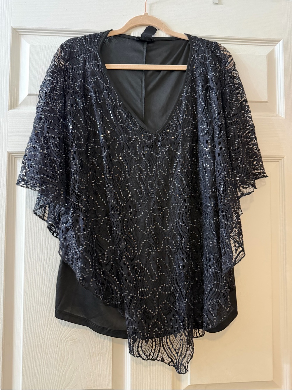 Black Beaded Lace V-Neck Overlay Blouse